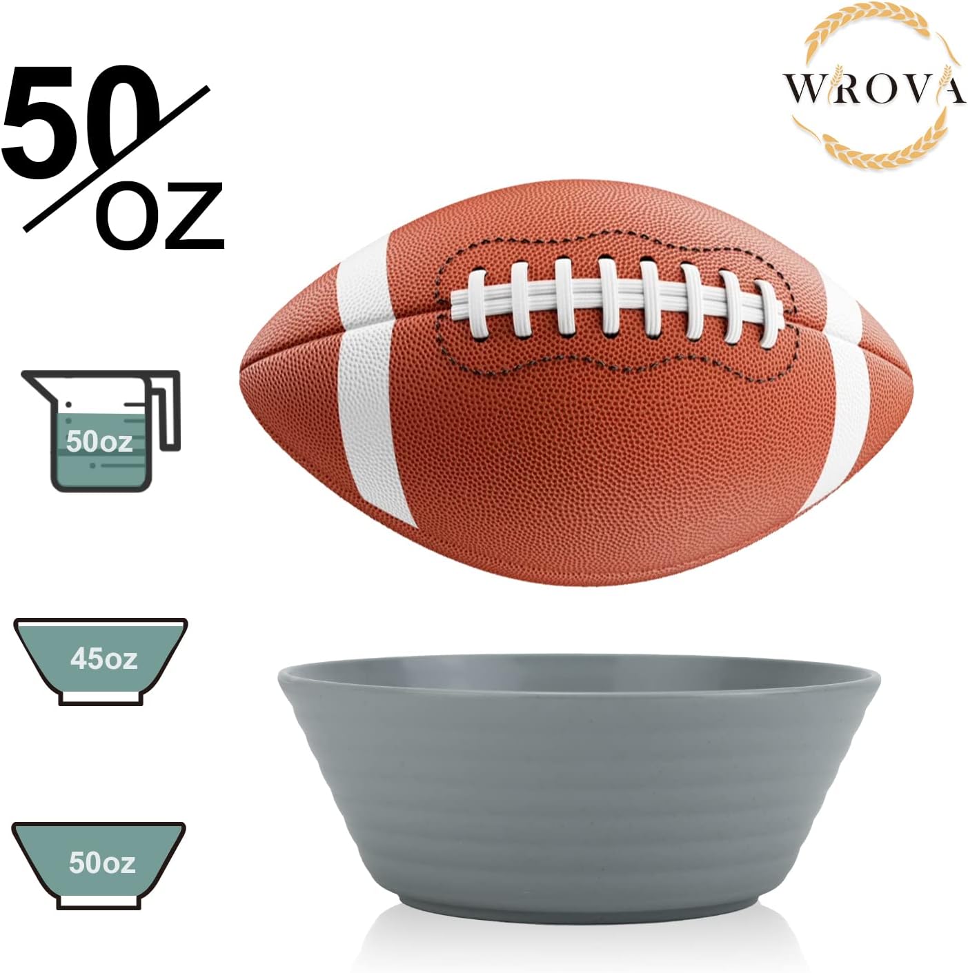 Wrova Wheat Straw Bowl Sets,6 PCS Unbreakable Cereal Bowl 50 OZ,Microwave and Dishwasher Safe Bowls,Super Big Bowl Sets BPA Free Bowl for Serving Cereal,Oatmeal and Salad (Pure Gray)