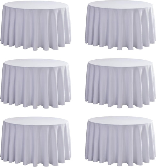 6-Pack Round 108-inch White Table Cloths, Solid Stain and Wrinkle Resistant Circular Tablecloth, Premium Plain Weave Polyester Fabric Table Linen Covers for Hotel, Banquet