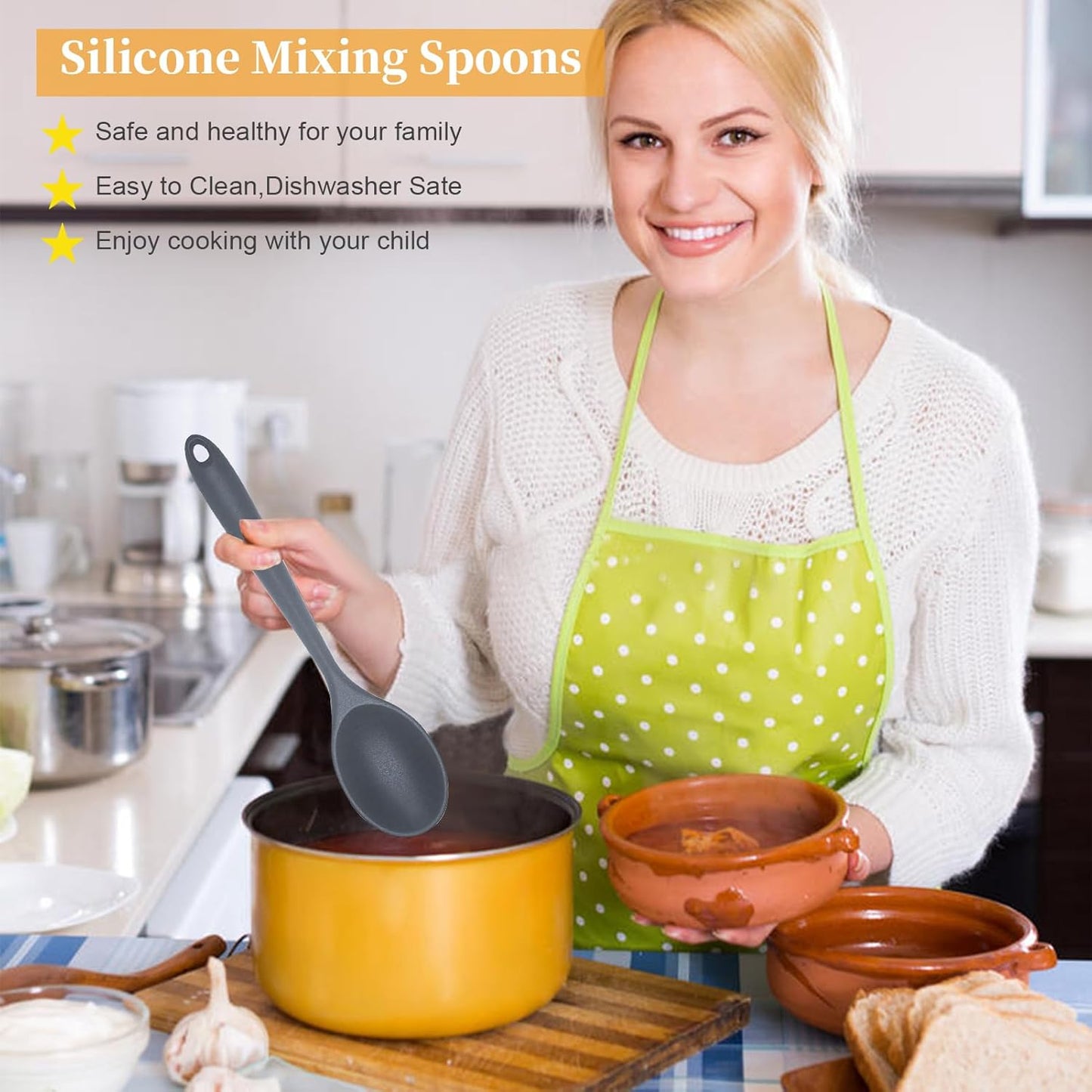 2 Pcs Silicone Nonstick Mixing Spoon, Silicone Spoons for Cooking Heat Resistant, Cooking Utensil for Kitchen Cooking Baking Stirring Serving (Grey)