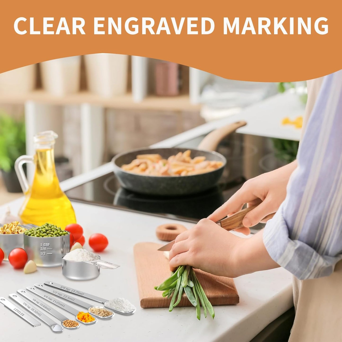 Stainless Steel Measuring Cups and Spoons Set of 20, 7 Nesting Measuring Cups, 7 Spoons & 1 Leveler, 5 Mini Spoon, Kitchen Gadgets for Cooking & Baking, Square