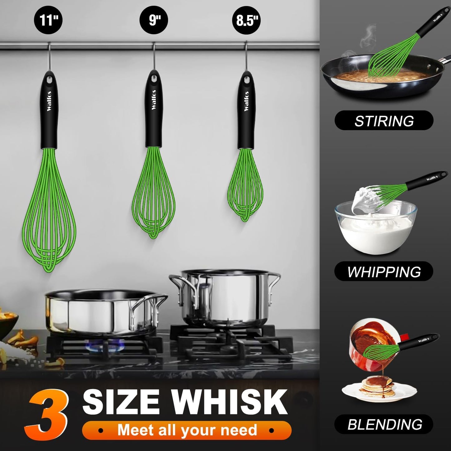 Walfos Silicone Whisk, Rubber Whisks for Cooking, Baking (11,9,8.5 inch) - Heat Resistant Kitchen Whisks for Non-stick Cookware, Balloon Egg Beater Perfect for Blending, Whisking, Beating, Frothing