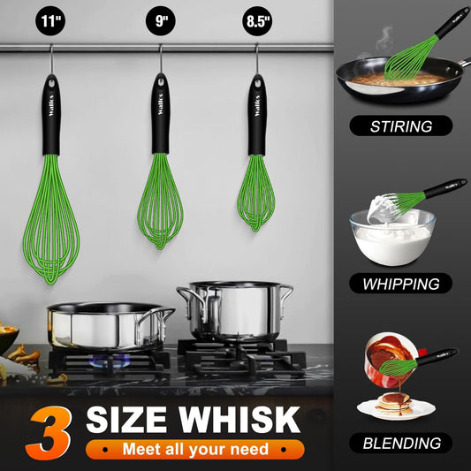 Walfos Silicone Whisk, Rubber Whisks for Cooking, Baking (11,9,8.5 inch) - Heat Resistant Kitchen Whisks for Non-stick Cookware, Balloon Egg Beater Perfect for Blending, Whisking, Beating, Frothing