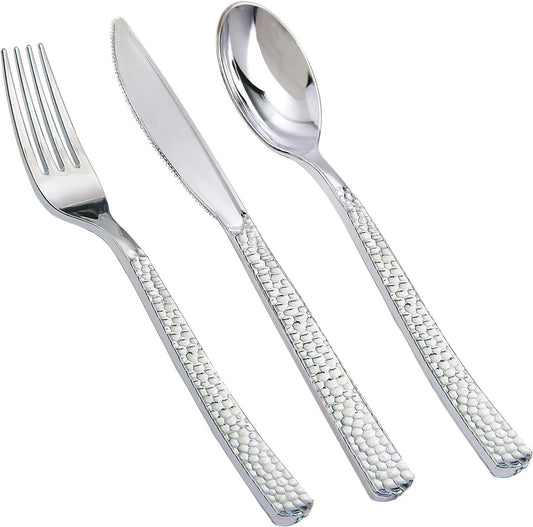 Supernal 180 pieces Silver Plastic Silverware, Disposable Plastic Silverware Heavy Duty, Silver Disposable Cutlery Sets Include 60 Forks, 60 Knives and 60 Spoons Suitable for Birthday, Party, Wedding