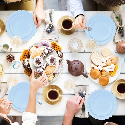 50 Pcs Light Blue Scalloped Paper Plates 25 × 7'' and 25 × 9'' Disposable Baby Blue Scalloped Dinner Plates for Wedding Baby Shower Birthday Party Disposable Dessert Plate