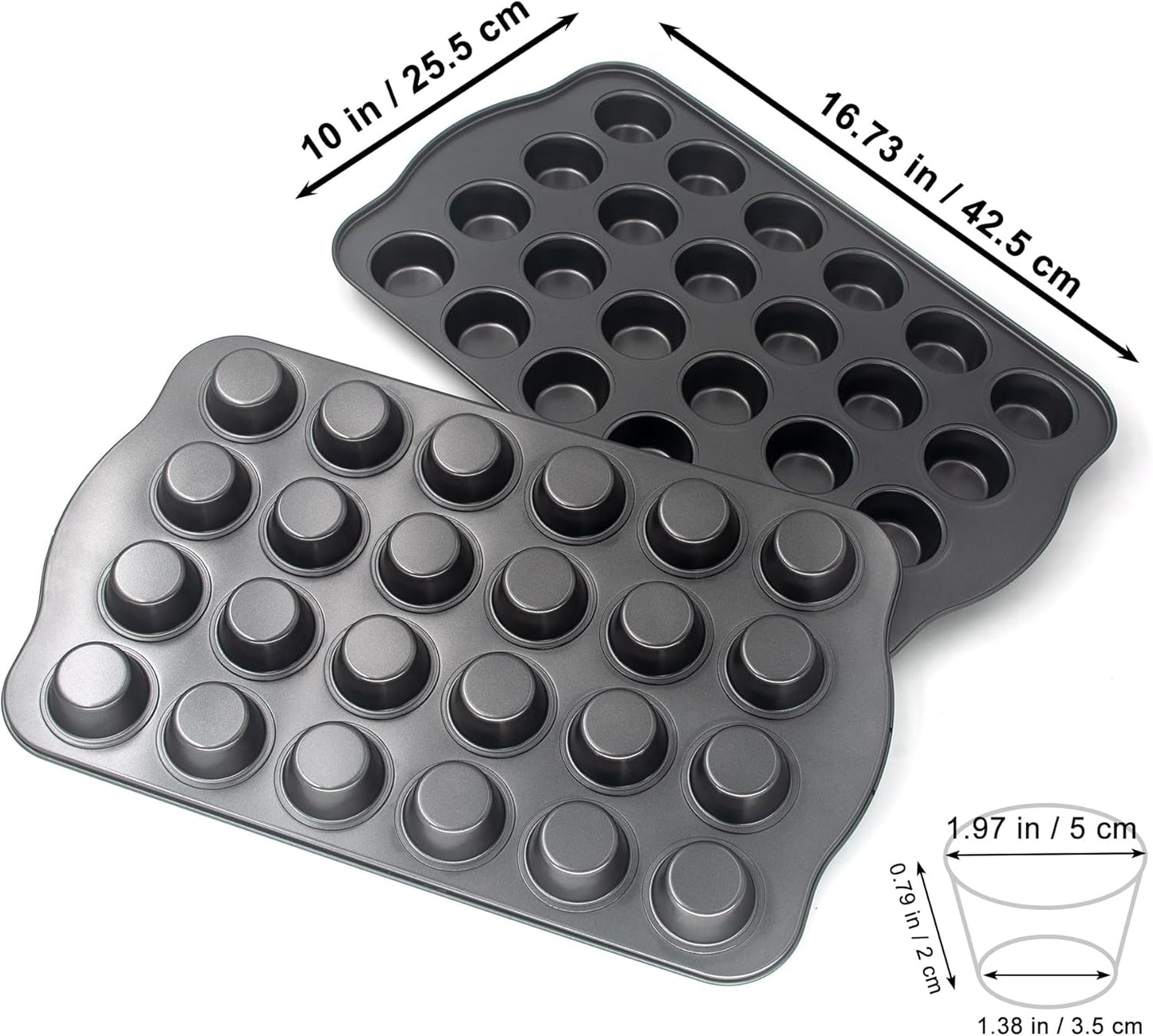 Non-Stick Mini Cupcake Pan, 1.97" 24-Cup Set of 2 Baking Pans, Heavy Duty Carbon Steel Tin for Mini Muffins & Cupcakes
