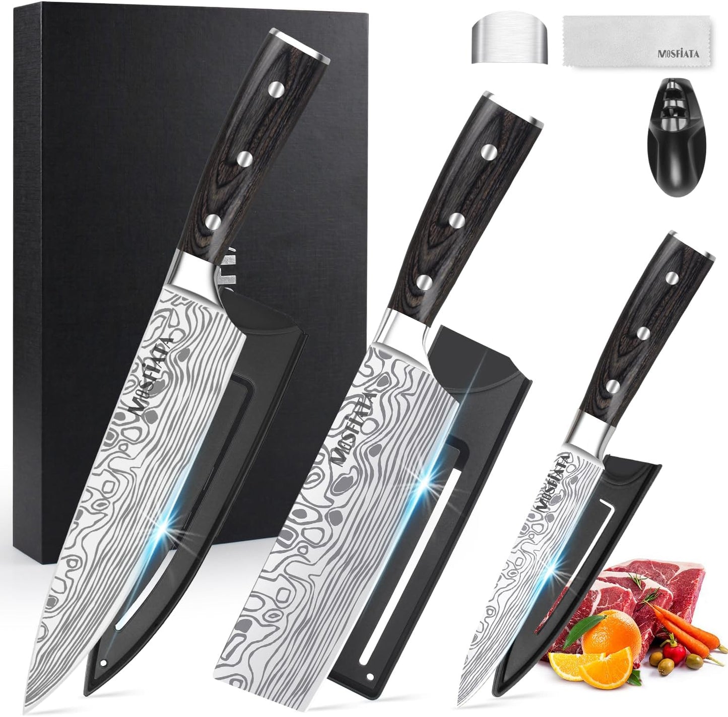 MOSFiATA Professional Chef Knife Set with German High Carbon Stainless Steel Kitchen Knife Set 3 PCSwith Finger Guard,Knife Sharpener,Knives Set for Kitchen with Gift Box