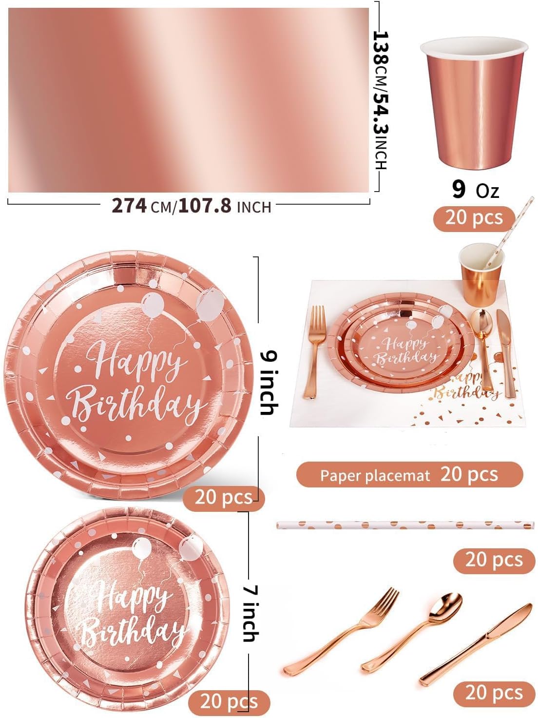 Birthday Party Tableware, 161 Pieces Rose gold Party Supplies, Dinnerware Sets Include Paper Plates Napkins Cups Silverware, for Shower Engagement Parties Decoration -20 Serves