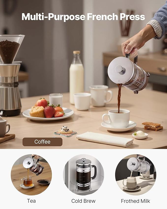 VEVOR French Press Coffee Maker, 34 Ounce 1 Liter Borosilicate Glass Coffee Press Tea Maker with Stainless Steel Filter, Large Glass French Presses Cold Brew for Camping Travel Home Kitchen, Silver