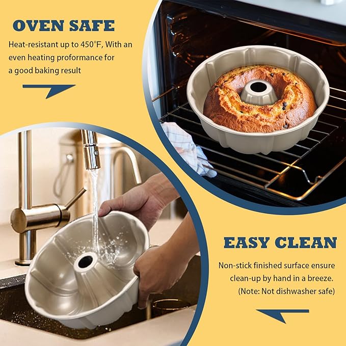 P&P CHEF 10 Inch Light Gold Non-stick Cake Pan, Carbon Steel Fluted Tube Round Baking Pan for Pound Cake, 10-Cup Large Capacity Bakeware, Healthy & Heavy Duty, 2 Pieces