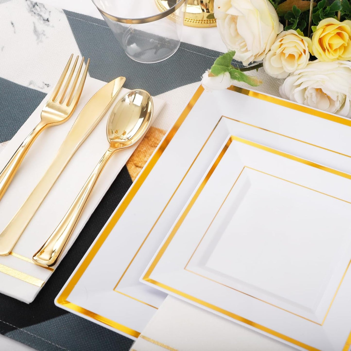 Festiva 350Pcs Gold Plastic Plates - Disposable Square Gold Plates Dinnerware set include 9.5"/6" Plates,Cups,Plastic Cutlery,Hand Napkins Perfect for 50 guests Party&Wedding&Thanksgiving&Christmas