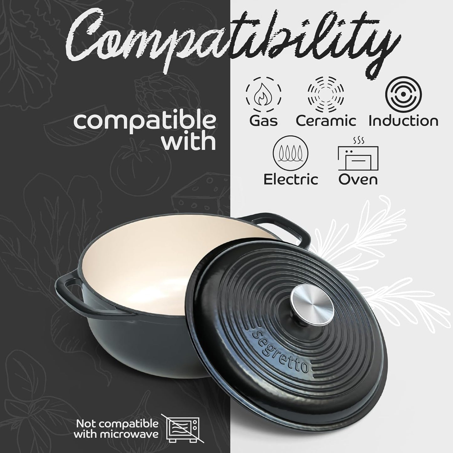 Segretto Cookware Enameled Cast Iron Dutch Oven with Handle, 4.57 Quarts, Nero (Black) 4.57 qt Oven Safe Dutch Oven Pot With Lid Ceramic Enamel Dutch Oven Cast Iron Pot Cookware for Bread Baking, Soup