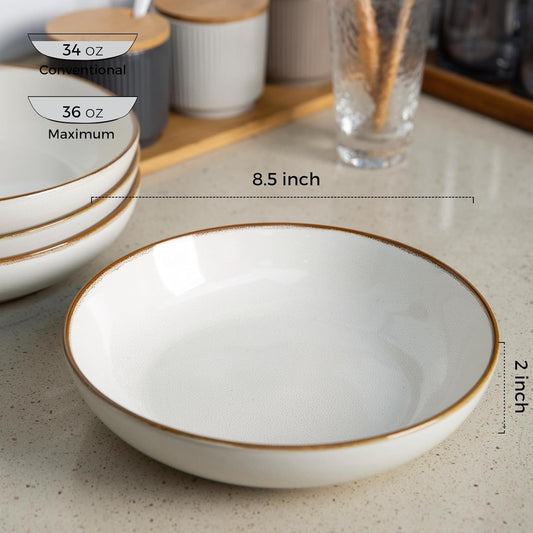 AmorArc 8.5'' Large Pasta Bowls, 36oz Ceramic Salad Serving Bowls Set of 4 for Kitchen, Wide Stoneware Bowls for Pasta,Salad,Fruit,Bread, Microwave Safe, Reactive-Pearl White