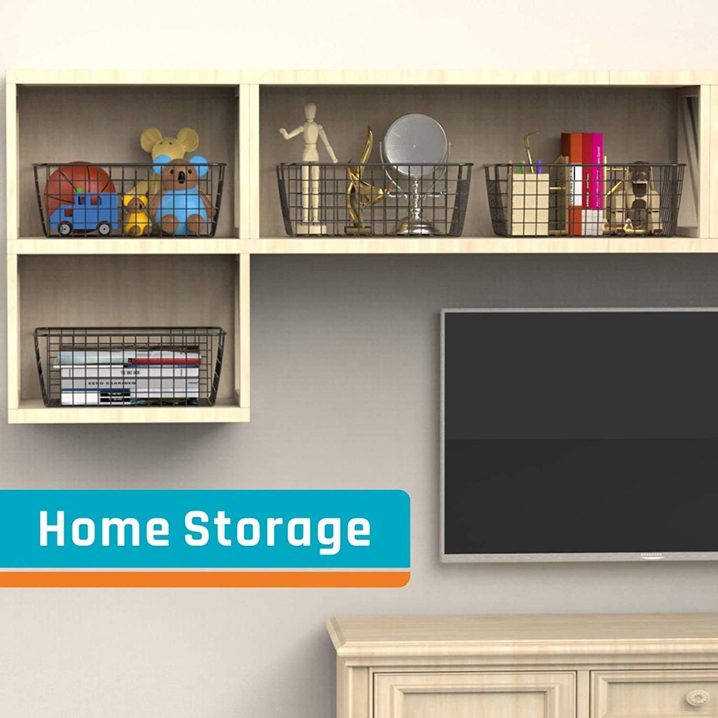 Metal Wire Food Storage Basket Organizer with Wooden Handles for Organizing Kitchen Cabinets, 2 Packs-Black-large