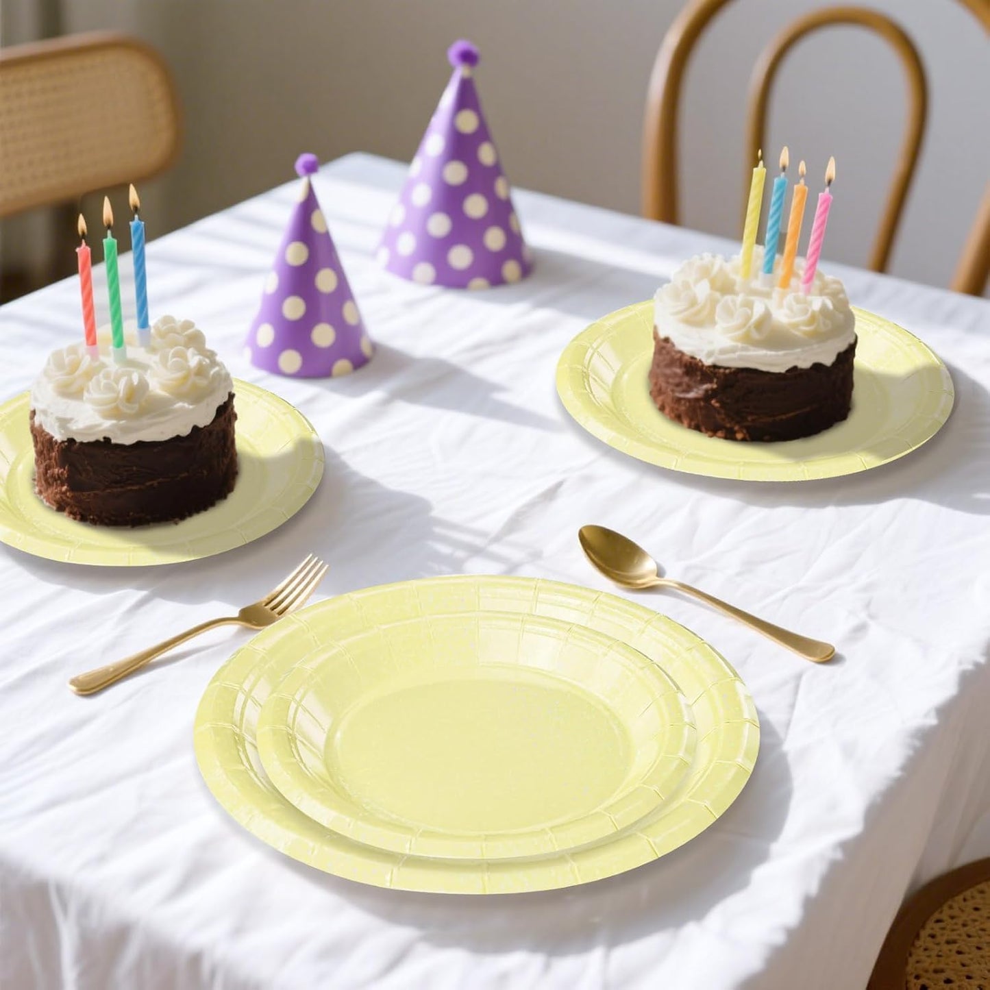 50 Pcs Iridescent Yellow Paper Plates 25 × 7'' and 25 × 9'' Disposable Yellow Shiny Holographic Foil Dinner Plates for Wedding Baby Shower Birthday Thanksgiving Party Glitter Dessert Plate