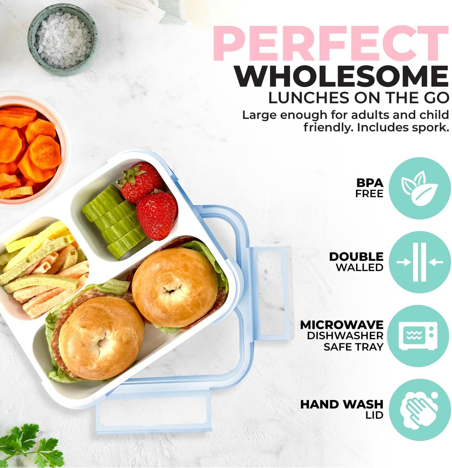 Medium Bento Box for Kids Toddlers, Lunch-Box for Boys or Girls, Leakproof 3 Compartment Containers for Meal or Snack at Daycare School Travel, BPA Free, 2 pack Pastel Teal + Pink