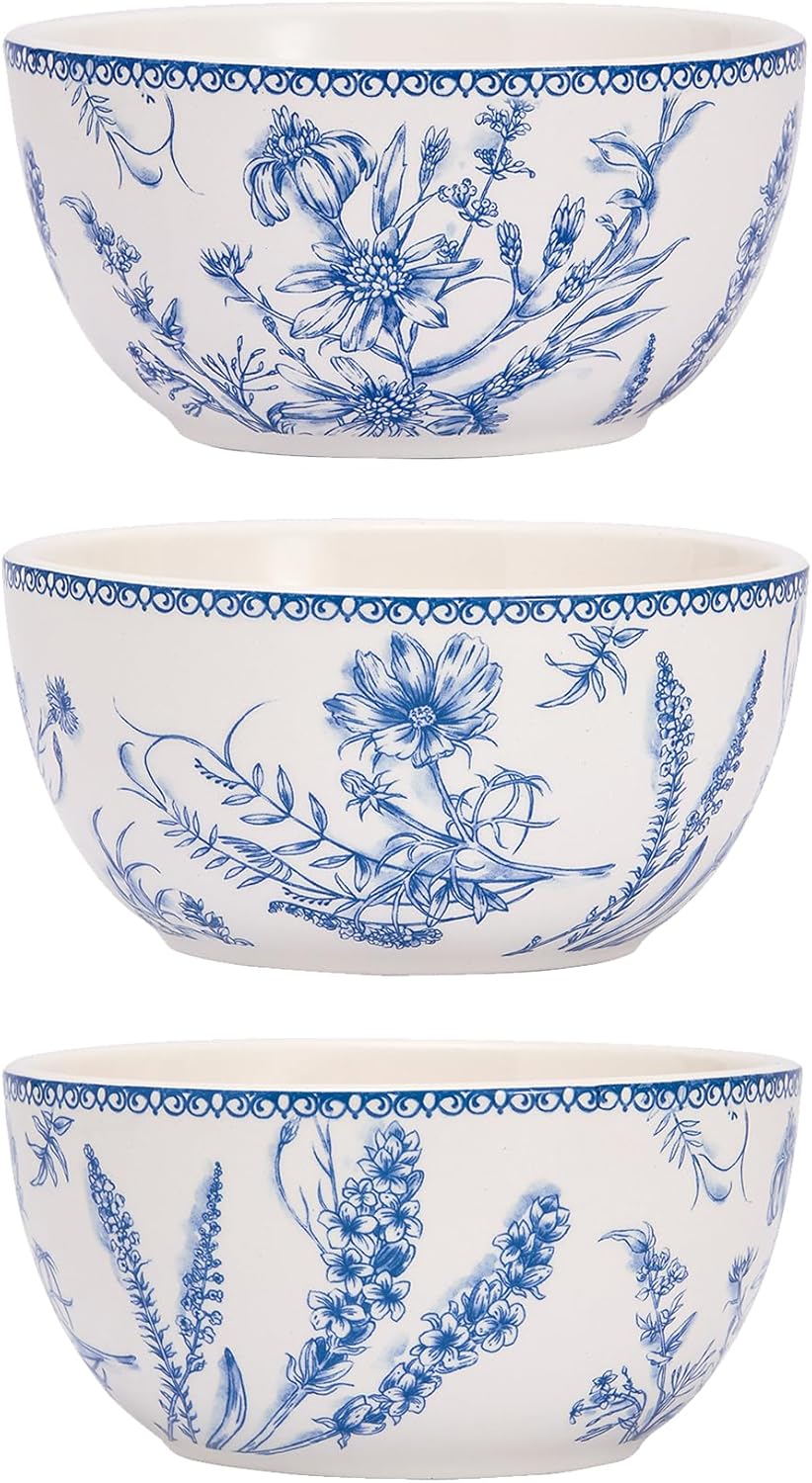Bico Blue Garden Toile De Jouy Cereal Bowls Set of 4, 26 oz Deep Ceramic Soup Bowls for Cereal, Salad, Noodles, Kitchen, Microwave and Dishwasher Safe, Gift for Housewarming and Thanksgiving
