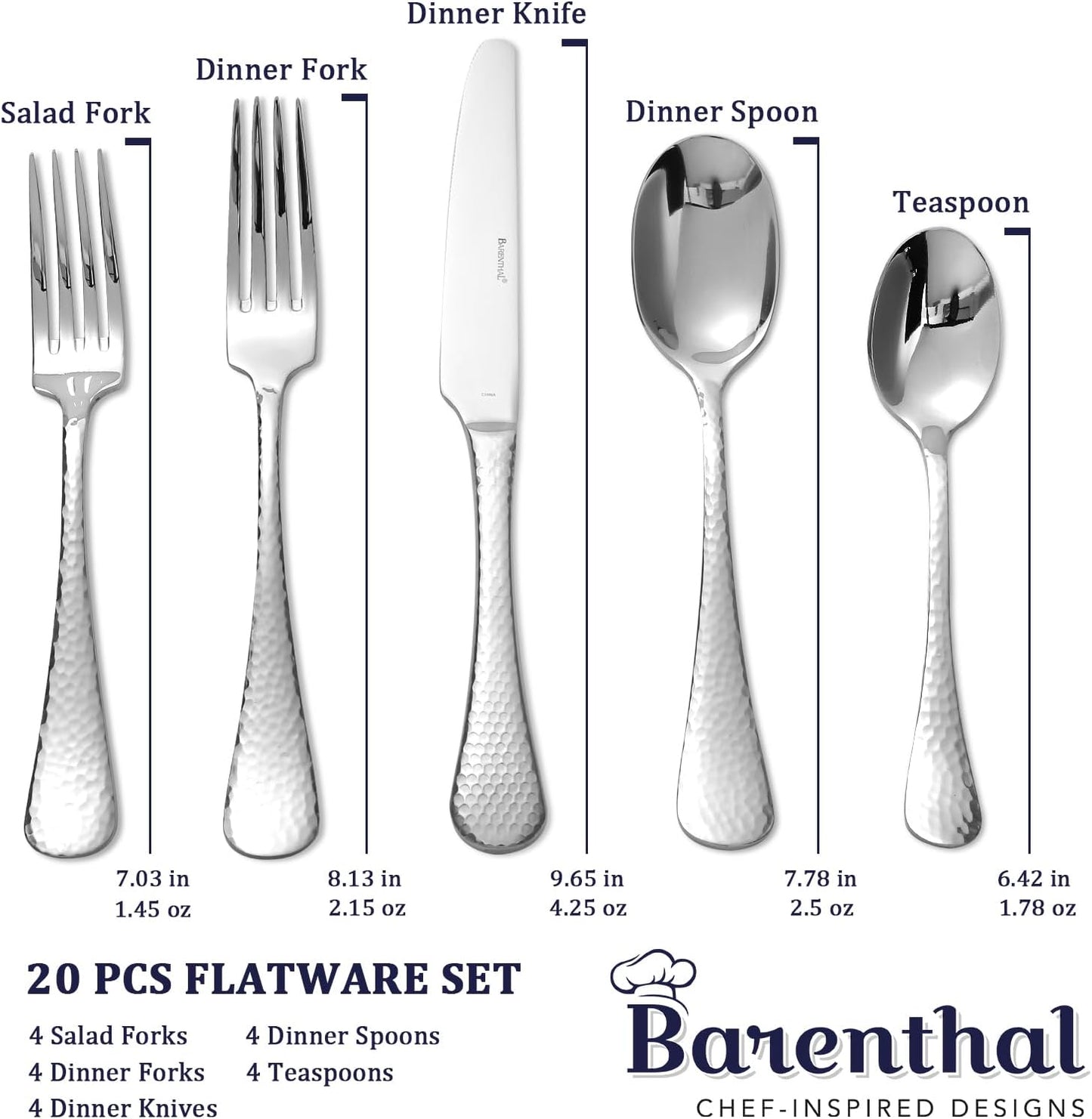 Flatware Set for 4, Barenthal Heavy Duty Silverware Set 20 Piece, Mirror Finish, Dishwasher Safe, Hammered Premium 18/10 Stainless Steel Cutlery Set for Home Restaurant Wedding Party, Gift