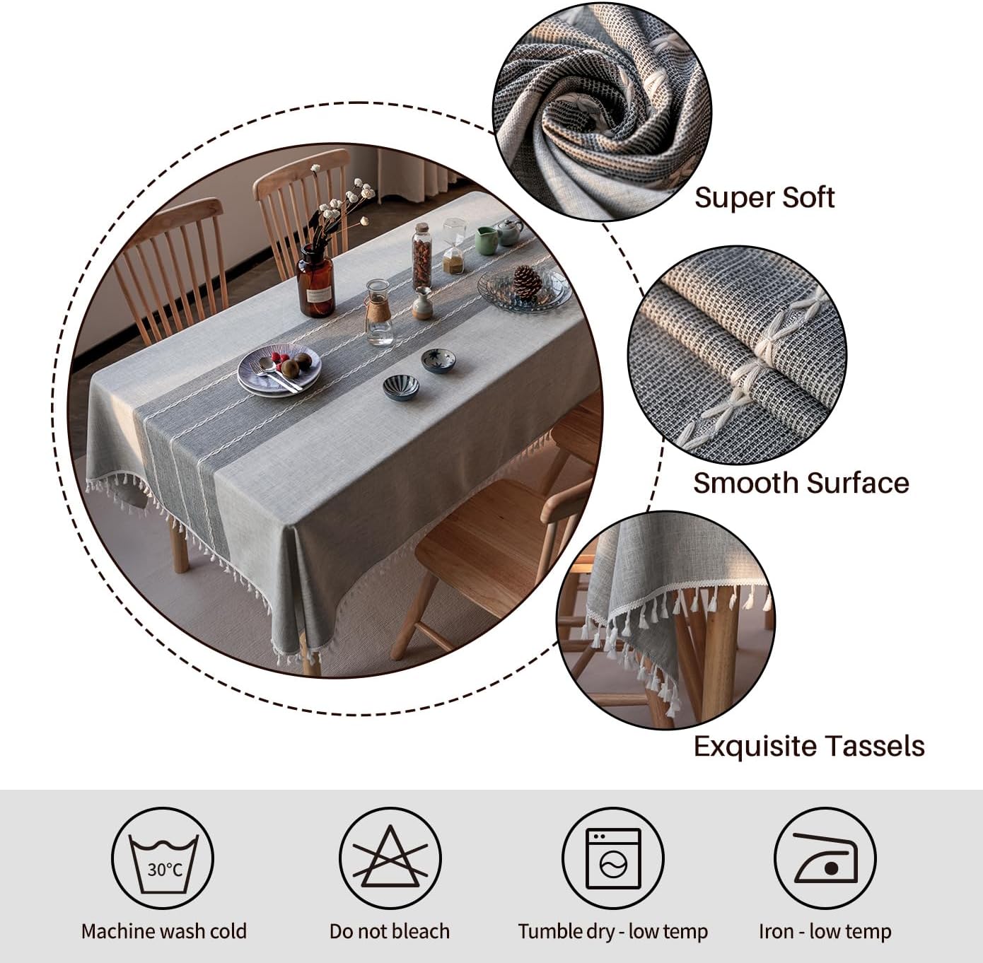 Deep Dream Tablecloth, Embroidered Waterproof Table Cloth Cotton Linen Wrinkle Free Anti-Fading Tablecloths Washable Dust-Proof Table Cover for Kitchen Dinning Party Christmas, 55 x 86 Inch - New Gray