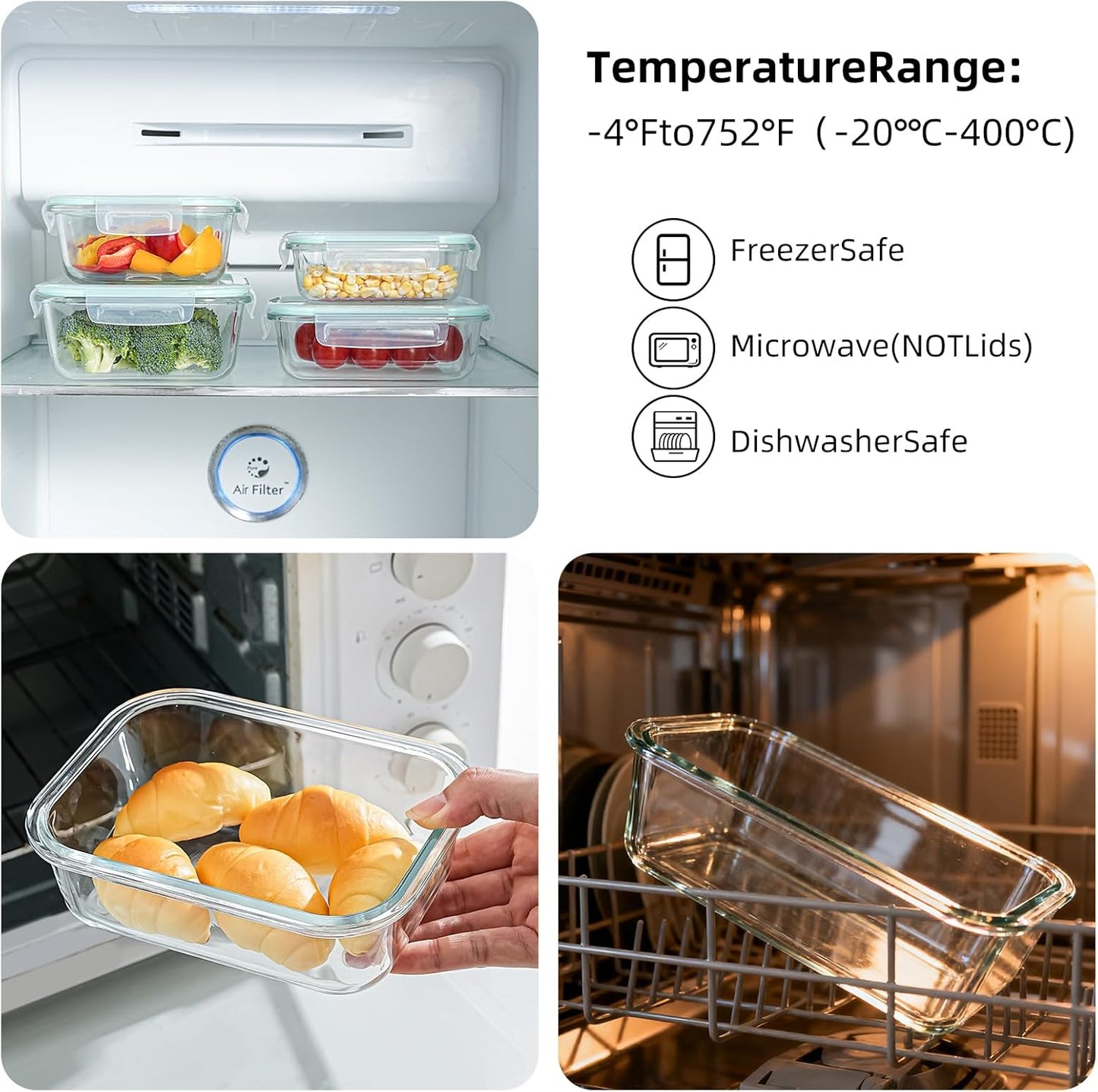 4 sealed glass lunch boxes with lids, transparent blue glass food storage containers, and sealed glass lunch boxes that can be placed in microwave ovens, refrigerators, and dishwashers