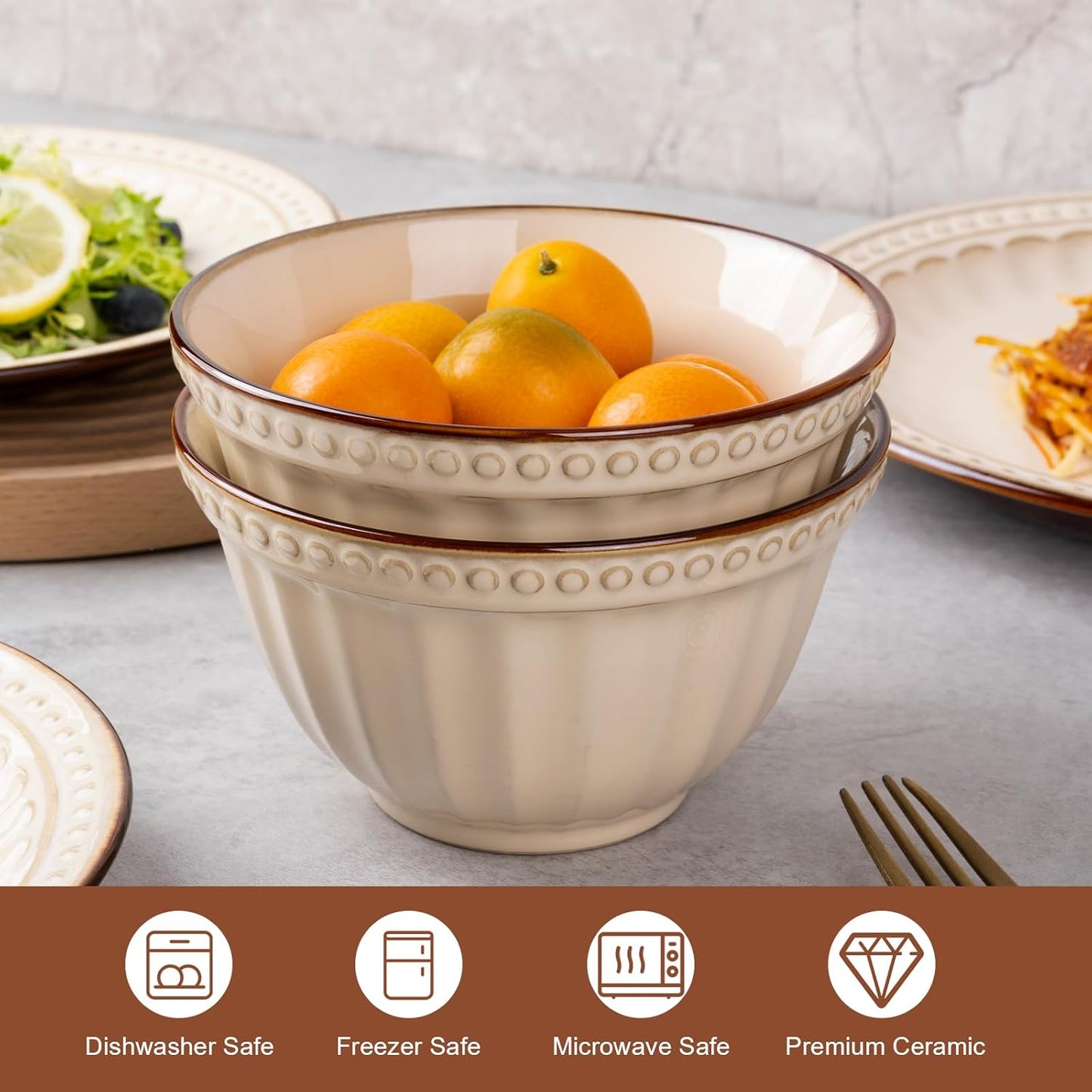 Dinnerware Set Cream White 12 Pieces Service for 4, Stoneware Plates and Bowls Set Stoneware Set, Dishwasher Microwave Safe Dishes set