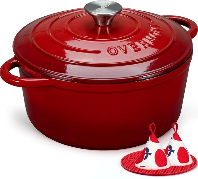 Overmont Enameled Cast Iron Dutch Oven - 7QT Pot with Lid Cookbook & Cotton Potholders - Heavy-Duty Cookware for Braising, Stews, Roasting, Bread Baking red
