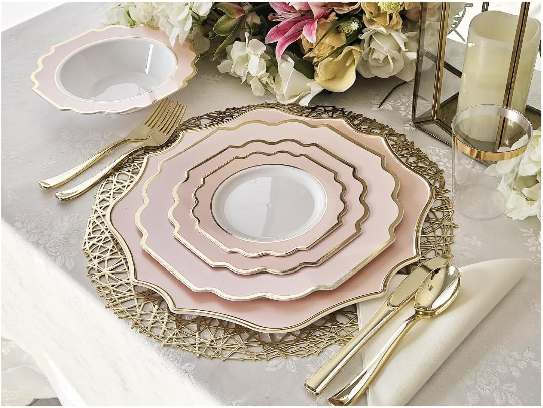 " OCCASIONS " 50 Plates Pack (25 Guests)-Heavyweight Wedding Party Disposable Plastic Plate Set -(25x10.5'' Dinner + 25x8'' Salad/Dessert) (Imperial in Blush Pink & Gold)