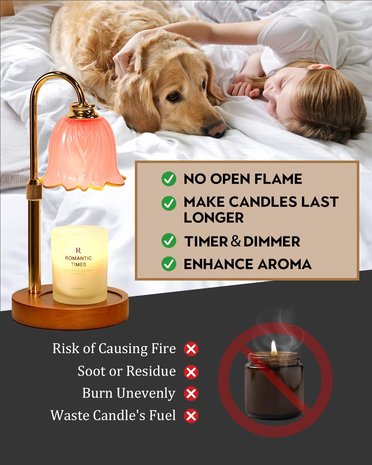 Candle Warmer Lamp, Gold Candle Lamp Warmer with Timer & Dimmer with 2 Bulbs, Birthday Gifts for Mom, Christmas Gifts for Women, New Home Bedroom Decor, Height Adjustable