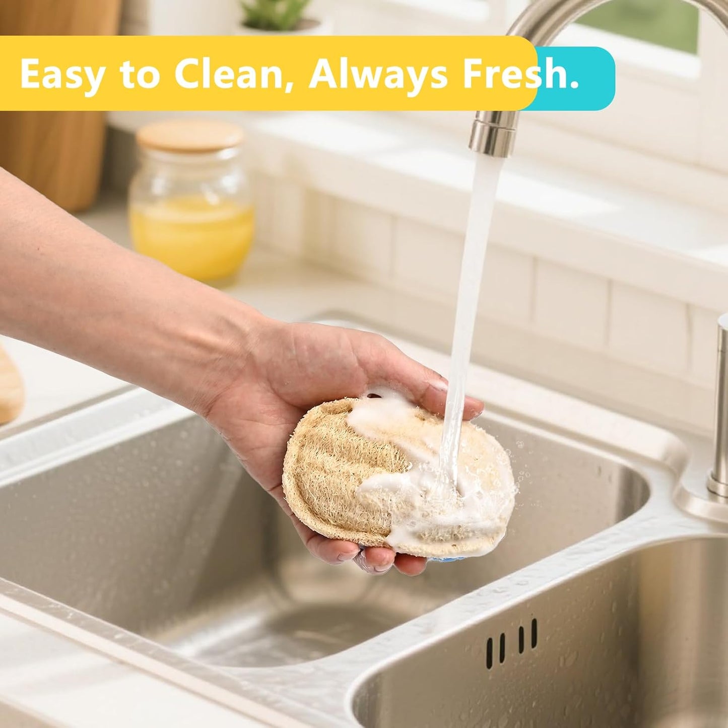 Natural Scrub Sponges Kitchen, Dual-Sided Loofah Dish Sponge - Plastic-Free, Scrubbing Power Without Scratching - 4 Pack Blue