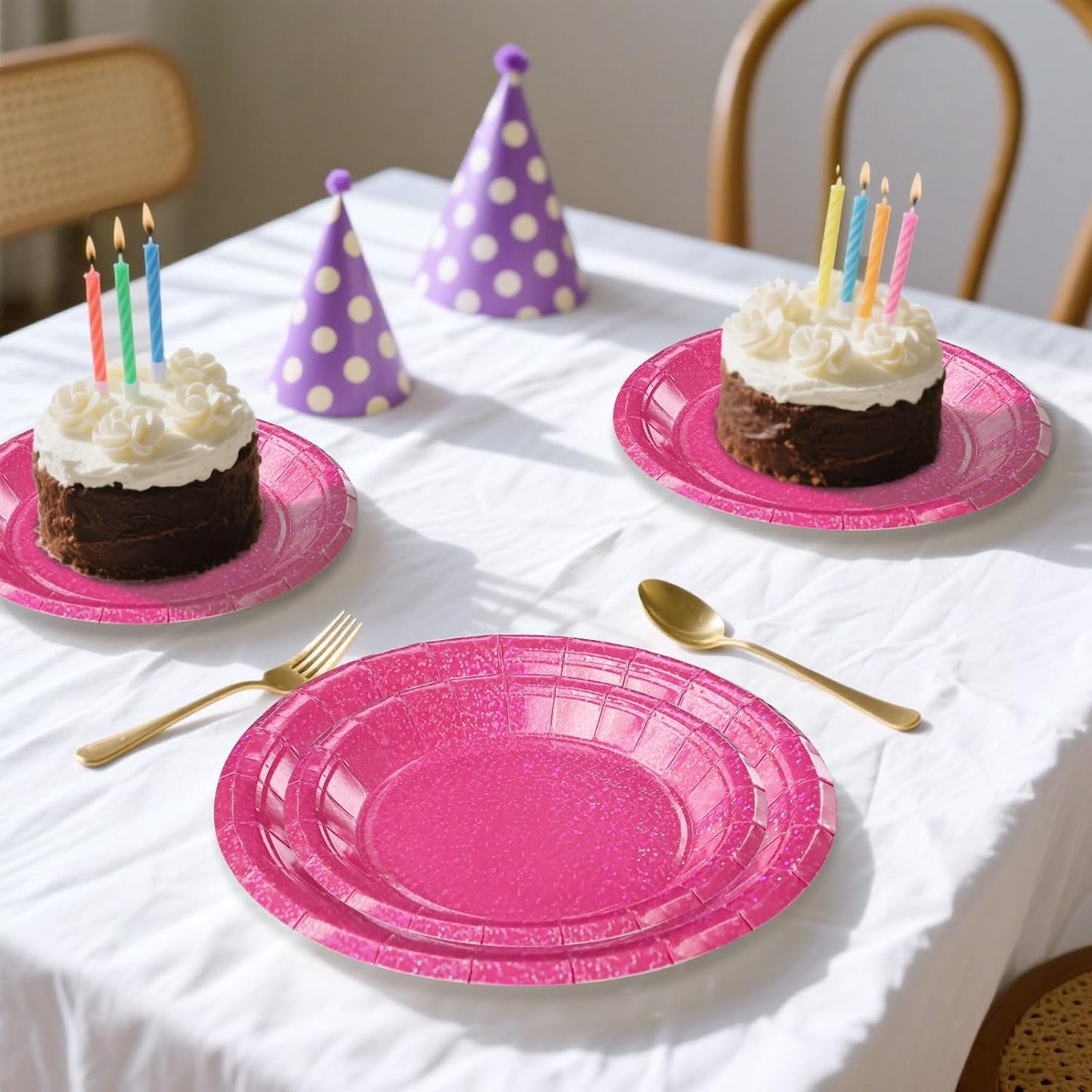 50 Pcs Iridescent Hot Pink Paper Plates 25 × 7'' and 25 × 9'' Disposable Pink Shiny Holographic Foil Dinner Plates for Wedding Baby Shower Birthday Disco Party Glitter Dessert Plate