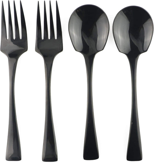 4-Pieces 18/10 Stainless Steel Big Service Fork and Spoon Flatware Set, Mirror Polishing Black