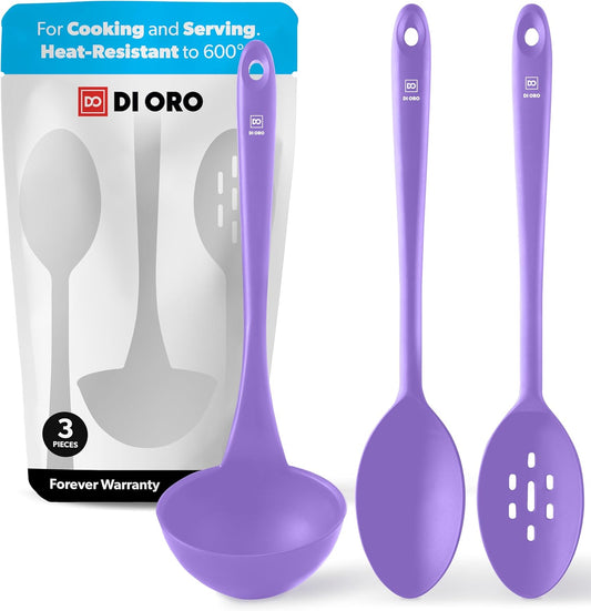 DI ORO Silicone Ladle & Spoons for Cooking – Large Kitchen Spoons for Mixing, Serving & Stirring - Soup Ladle with Wide Bowl - High Heat Silicone Kitchen Utensils for Nonstick Cookware Safe (Lavender)