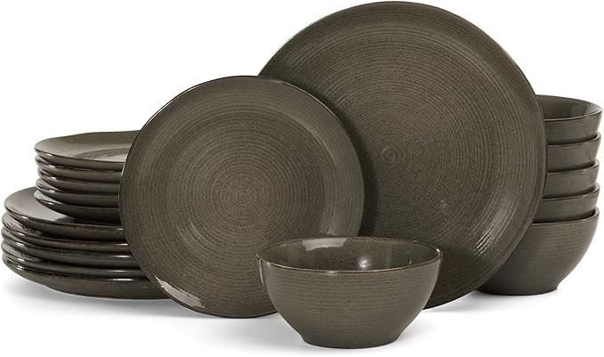 Famiware Tempus Plates and Bowls Sets for 6, 18 Pieces Stoneware Dinnerware Sets, Reactive Glaze Dishes Set, Dishwasher & Microwave Safe - Dark Olive