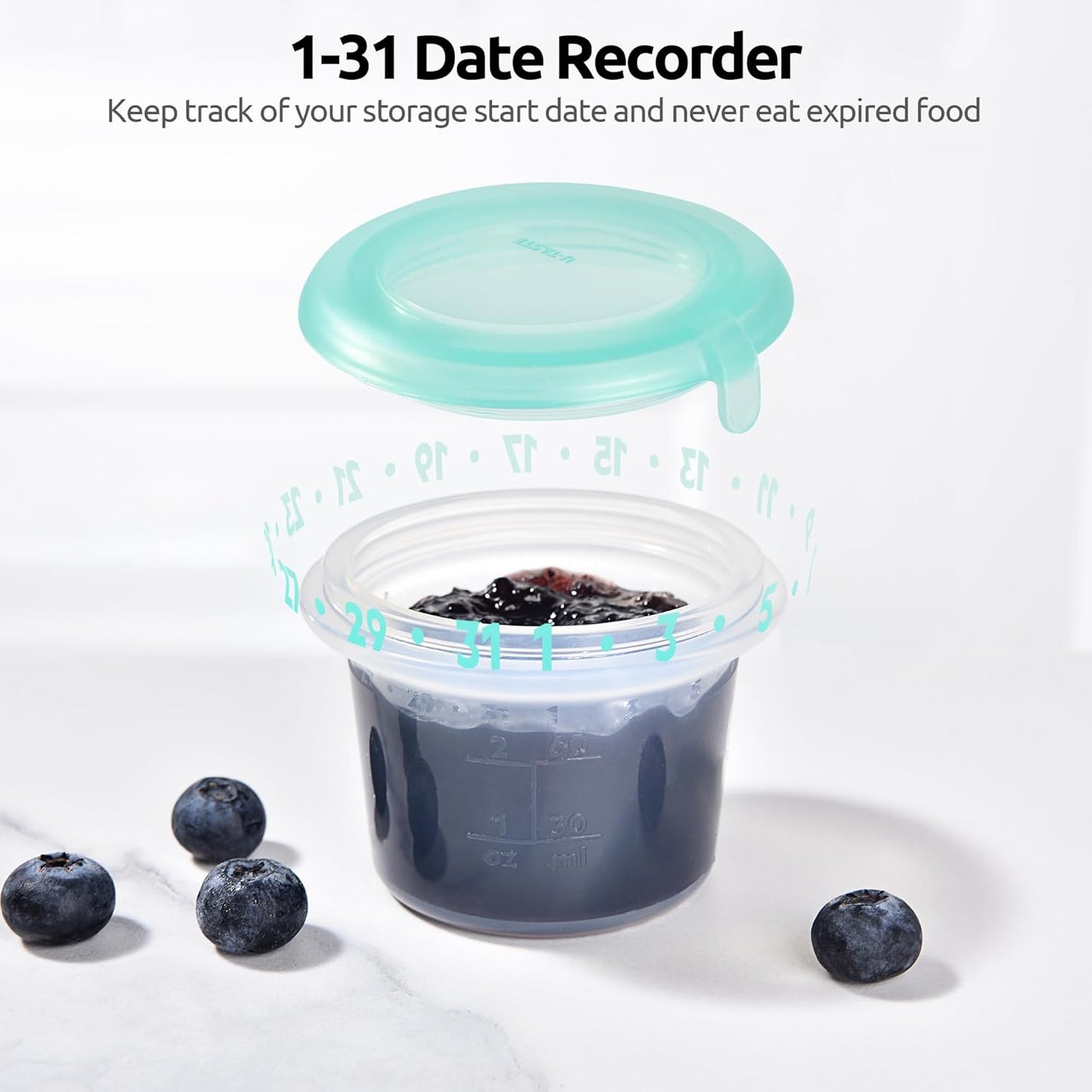 U-Taste 2oz×2 Silicone Food Containers Set: Mini Kitchen Storage with Airtight Lid, Freezer & Microwave Safe, Dip Box with Date Marking Circle, Clear Stackable for Nut, Sauce, Condiment (Aqua Sky)