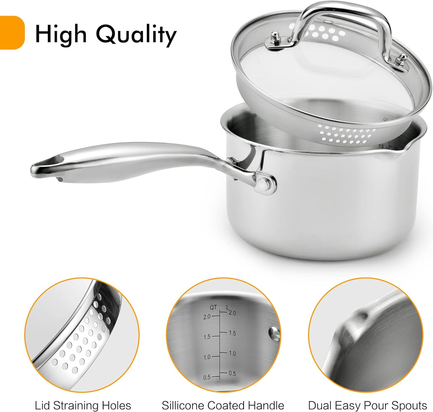 Cyrosa 3.5 Quart Stainless Steel Saucepan with Strainer Lid, Sauce Pot Sauce Pan for Stove Top, Two Side Spouts for Easy Pour, Dishwasher Safe