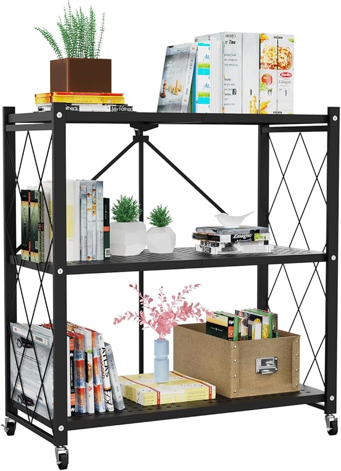 Lifetime Home 3-Tier Foldable Storage Shelf with Wheels - Metal Rack Collapsible Shelving Unit Display, Rolling Cart for Books Kitchen Storage Shelves, Pantry & Closet Organizer, Office Room Decor