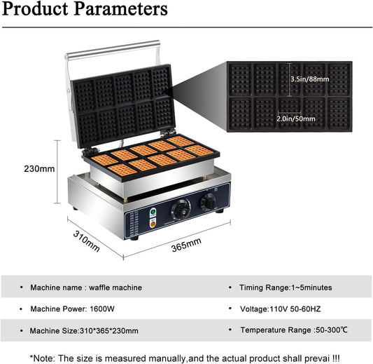 110V1650W Commercial Mini Square Waffle Maker, 10 Grids Waffle Baker Machine, Non-Stick,3.5 X 2.0" Belgian Waffle maker with Temp and Time Control, for Restaurant Bakeries Snack Bar Family.