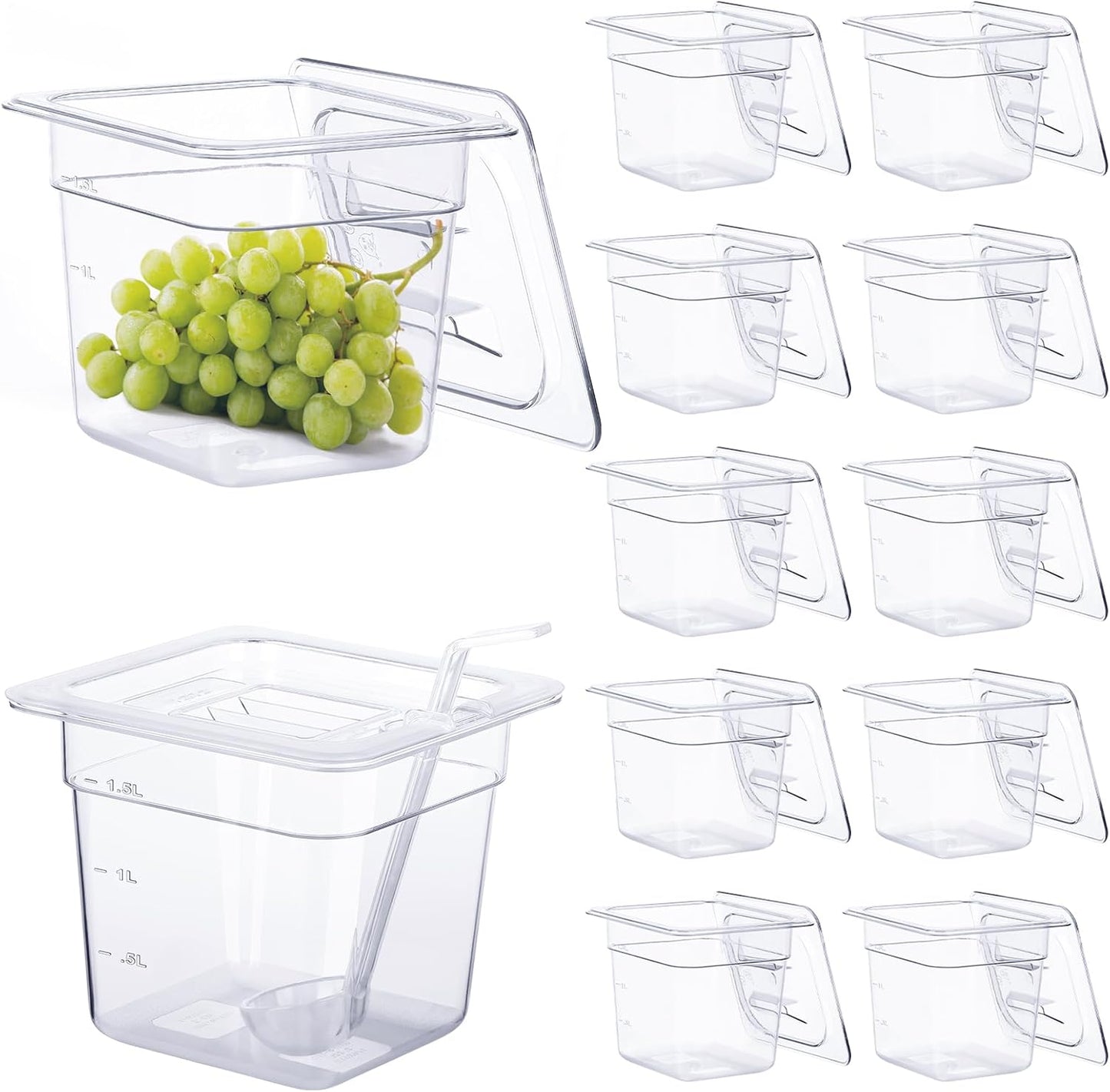 12 Pack Plastic Food Pan with Lids 1/6 Size 6'' Deep Restaurant Food Containers Stackable Clear Polycarbonate Commercial Hotel Pans with 1 Plastic Spoon for Fruits Vegetables
