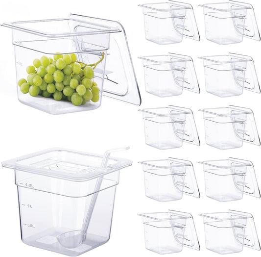 12 Pack Plastic Food Pan with Lids 1/6 Size 6'' Deep Restaurant Food Containers Stackable Clear Polycarbonate Commercial Hotel Pans with 1 Plastic Spoon for Fruits Vegetables