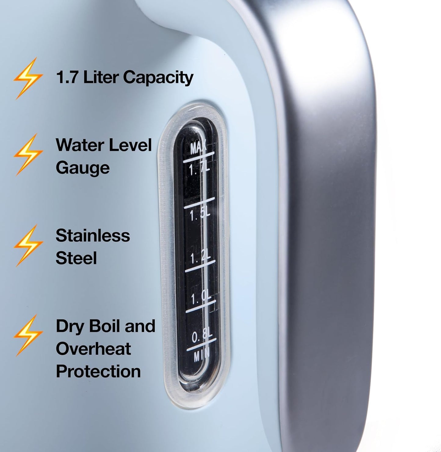 Rae Dunn Electric Hot Water Kettle - Stainless Steel Coffee Maker, Tea Kettle, Swivel Base, With Automatic Shut Off Boil-Dry Protection, Easy Pour, 1500 Watt Boiling Power, 1.7 Liters, Baby Blue