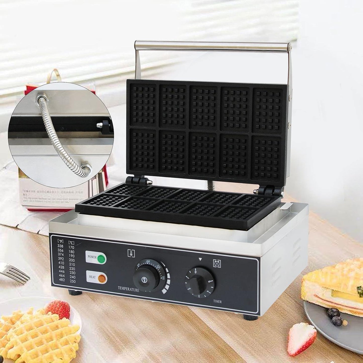 1550W Commercial Waffle Maker, 10 Grids Electric Square Waffle Maker Non-Stick Stainless Steel Belgian Waffle Iron w/Time & Temper Adjustable| Temper Comparison Table, Large Waffle Machine Restaurant