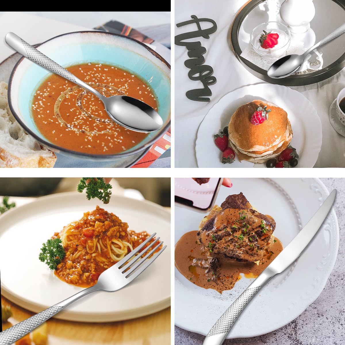 Modern Silverware Hammered 20 Piece Stainless Steel Flatware Set for 4 include Forks Spoons Kinves Kitchen Eating Utensils Mirror Polished Durable Festival Parties and Everyday Use