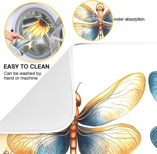 Watercolor Dragonflies Sunflowers Dish Drying Mat for Kitchen Counter Super Absorbent Dishes Pad Reversible Microfiber Protector Dish Draining Mats 16x18 inch