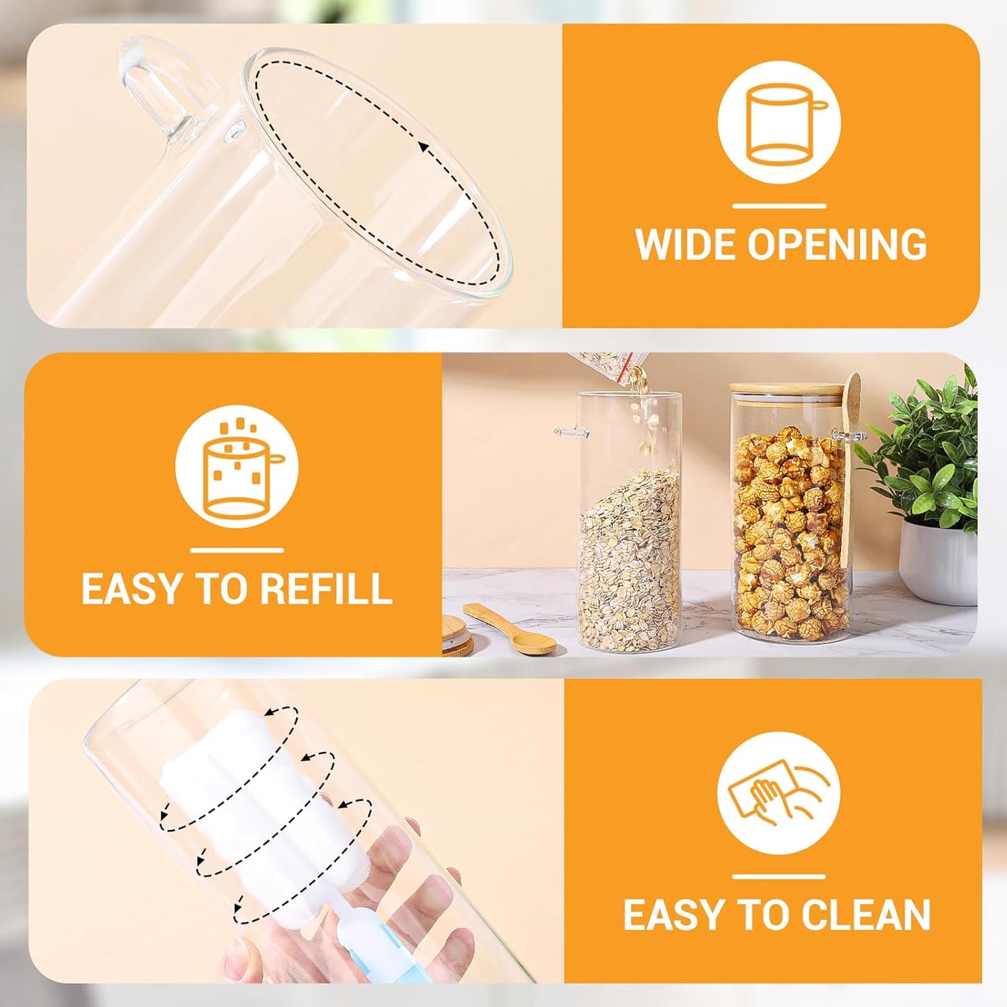 Glass Storage Jars with Airtight Lid - 4 Pack 31 Fl.oz Round Glass Jar with Bamboo Lids and Spoon, Includes Labels, Marker and Brush, Pasta Storage Containers, Cereal, Flour, Rice Canister