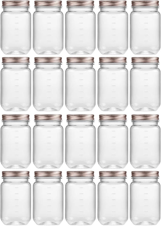 novelinks 16 oz Clear Plastic Jars with Screw-On Lids - BPA-Free Refillable Storage Containers for Slime, Food, Crafts, Kitchen & Household Use (20 Pack,Rose Gold)