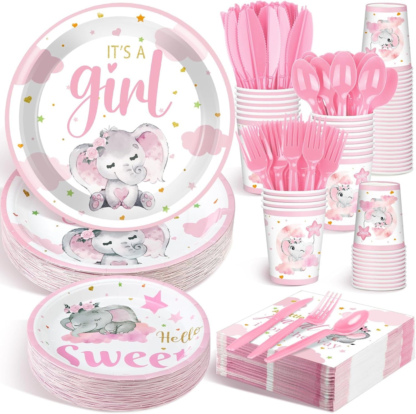 Dandat 350 Pcs Baby Shower Plates Set Baby Shower Party Supplies Serves 50 Tableware Sets Include Plates Napkin Cup Forks Knives Spoons Disposable Dinnerware(Elephant,Pink)