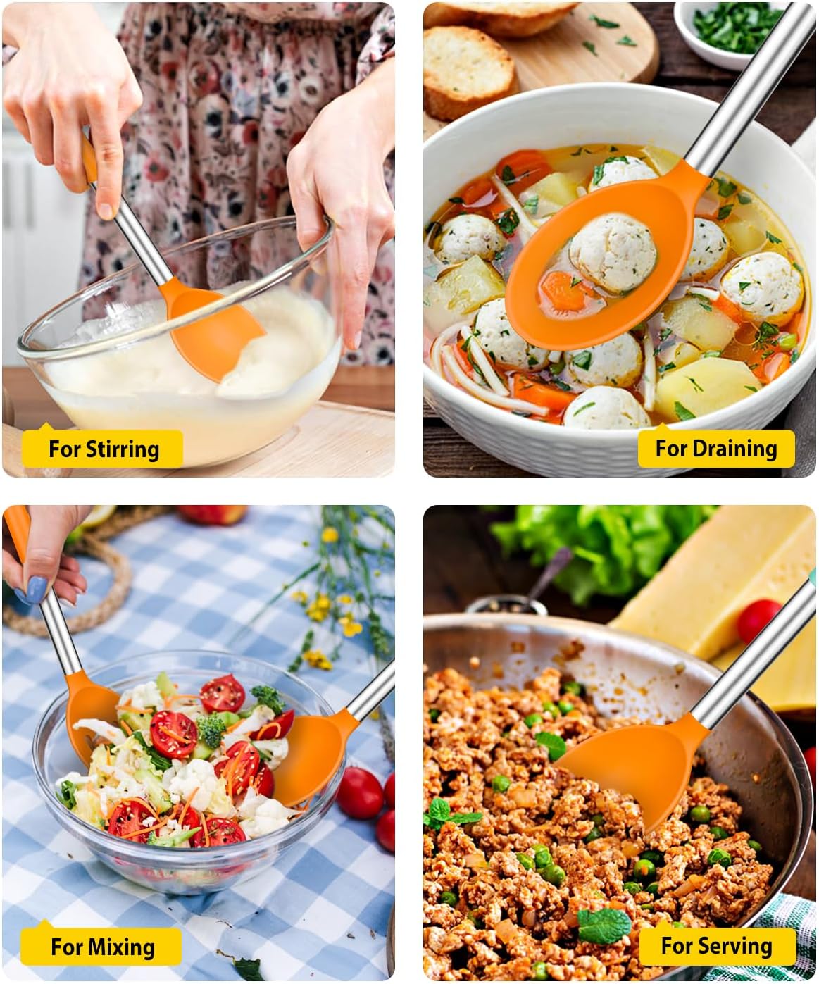 Pack of 2 Large Silicone Cooking Spoons,Non Stick Solid Basting Spoon,Heat-Resistant Kitchen Utensils for Mixing,Serving,Draining,Stirring (ORANGE)