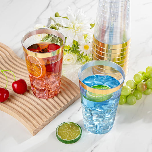 I00000 100 Pack 18 oz Gold Plastic Cups, Elegant Gold Rimmed Plastic Cups, Disposable Cocktail Glasses Wine Glasses, 18 oz Premium Tumblers Perfect for Birthday, Party & Wedding