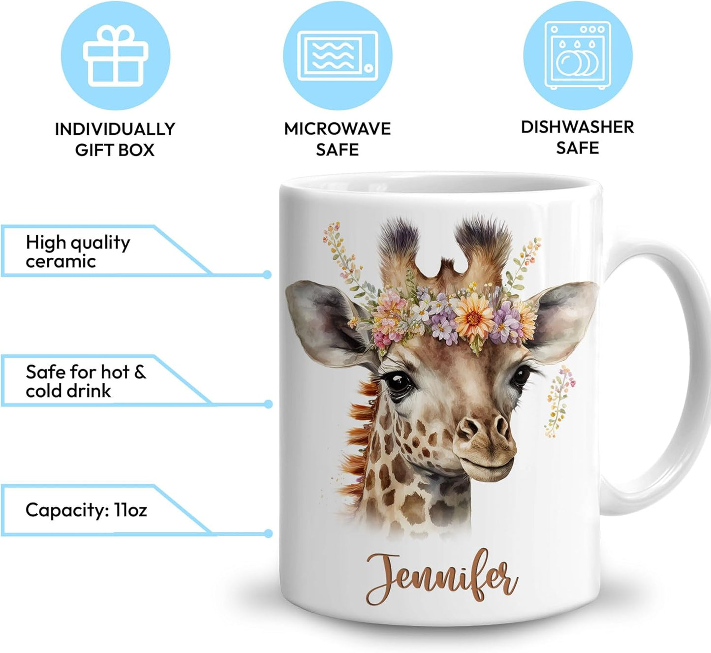 Hyturtle Personalized Gifts Giraffe Lover - Just A Girl Who Loves Giraffes Custom Name Ceramic Coffee Mug Cup 11oz - Idea Cute Animal Lover Gifts For Women, Girl Daughter On Birthday, Christmas