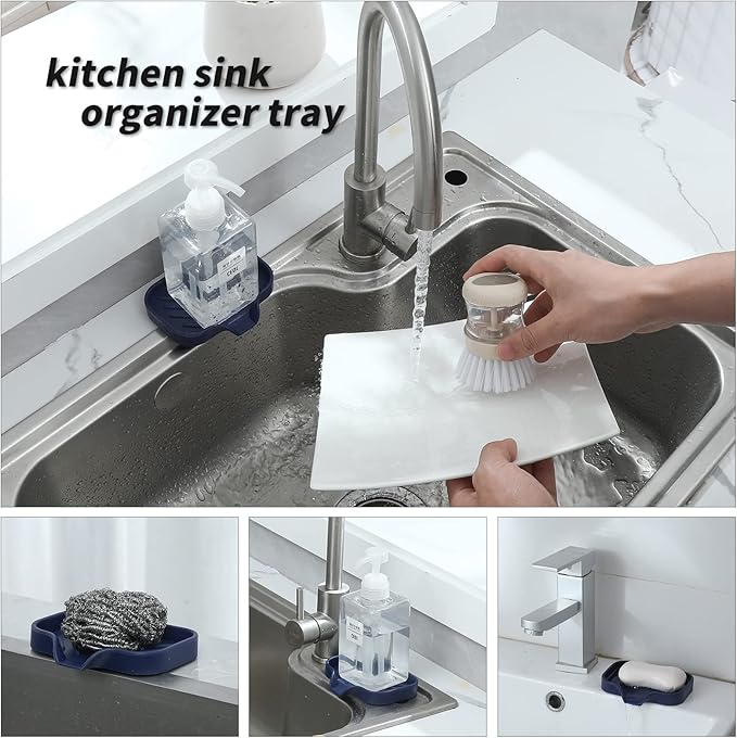 Silicone Bathroom Soap Dishes with Drain Spout-Kitchen Sink Organizer,Sponge Holder,Dish Soap Tray,Perfect for Dispenser,Scrubber,Bottle,Cup on Sink or Counter-Navy Blue 4.9"×3.2"