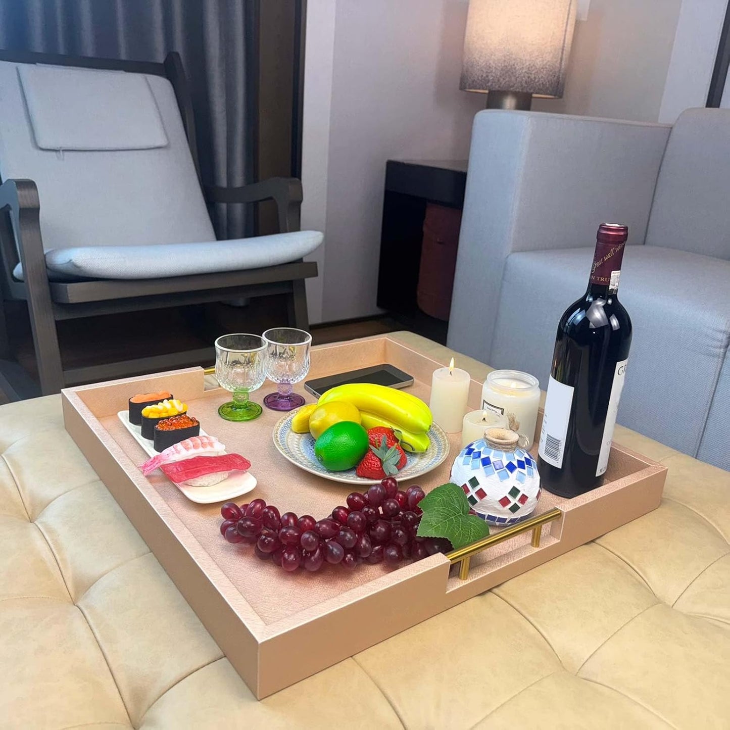 20x20 Inches Large Champagne Faux Leather Wrapped Wood Ottoman Tray with Handles for All Occasions, Serving Breakfast On Bed, Home Decor Decorative, Living Room,Square Coffee Table Organizer